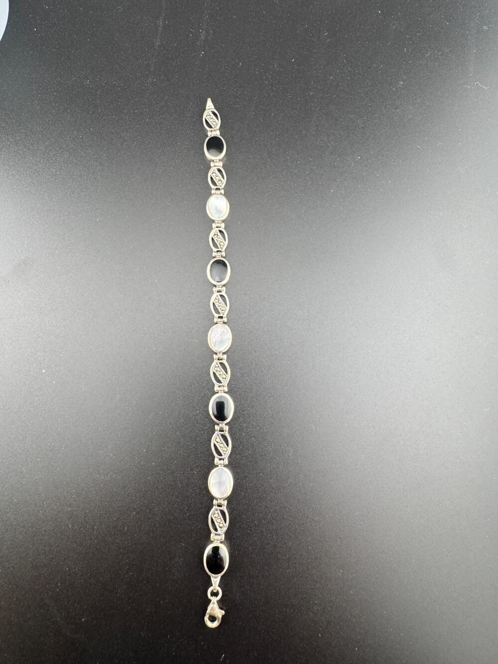 Vintage Sterling Silver Onyx Marcasite Mother Pearl Bracelet